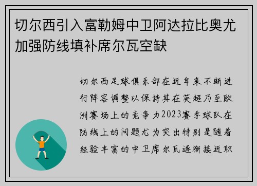切尔西引入富勒姆中卫阿达拉比奥尤加强防线填补席尔瓦空缺